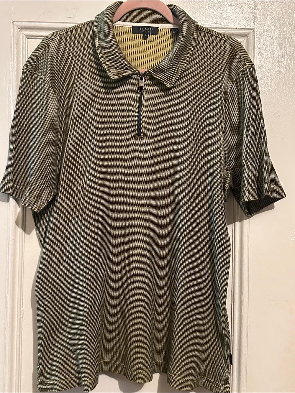 Ted Baker Olive Green Zip Polo with Subtle Textured Knit. Size 7 / US 3XXXL.
